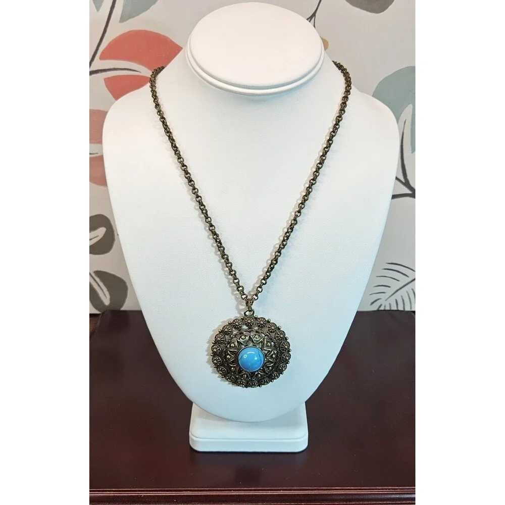 Vintage Long Brass Filigree Medallion w/ Central Turquoise Style Stone 31"